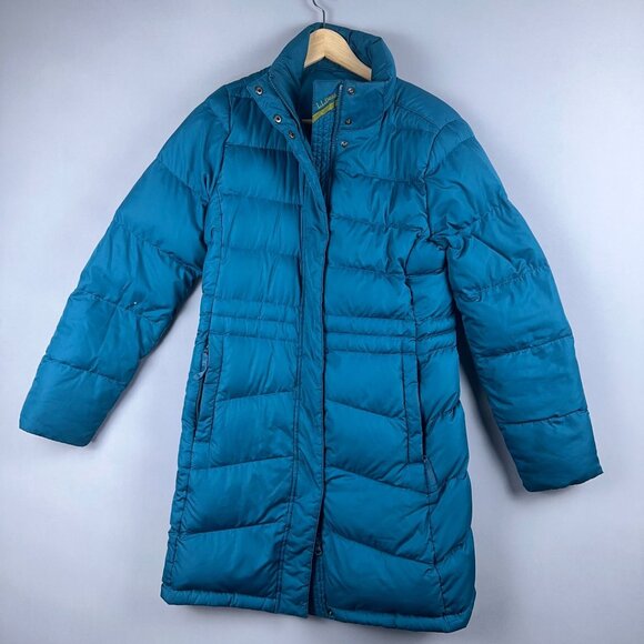 L.L.Bean Warm Down Long Jacket Coat Womens Size Small Full Zip Up Teal Blue - Picture 1 of 12